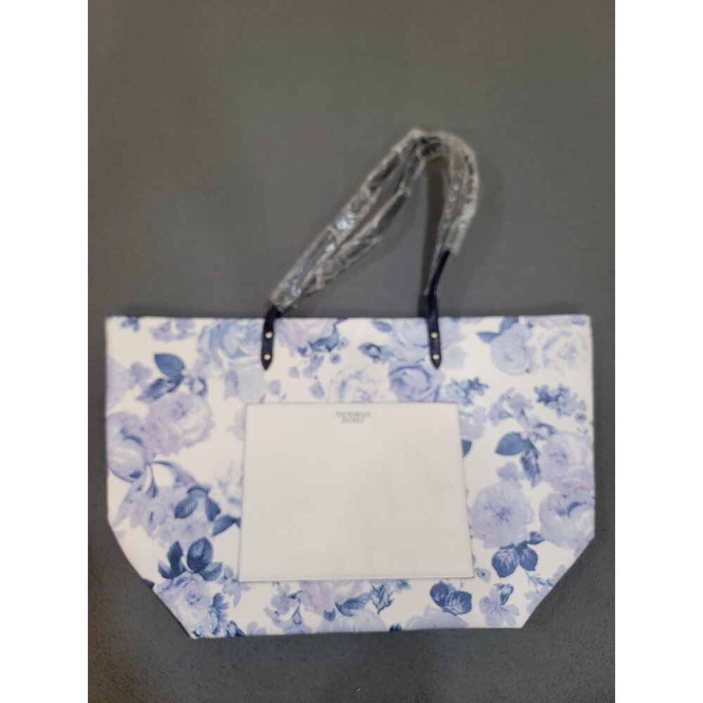 Victorias Secret Tote Bag Womens One Size Large Blue Floral PVC Shoulder Purse